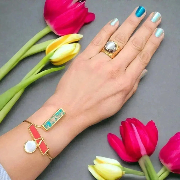 🆕️Turkish 18K Gold Plated Gemstone Artisan Exclusive Adjustable Bangle Bracelet - Picture 4 of 10